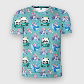 Мужская футболка 3D Slim с принтом панды и киты в Белгороде, 100% полиэстер с улучшенными характеристиками | приталенный силуэт, круглая горловина, широкие плечи, сужается к линии бедра | детский | кит | киты | панда | панды