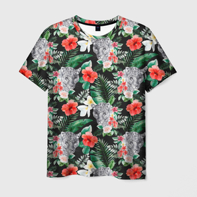 Мужская футболка 3D с принтом Леопарды в цветах в Новосибирске, 100% полиэфир | прямой крой, круглый вырез горловины, длина до линии бедер | джунгли | леопард | пятнистый | тропики | цветы
