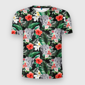 Мужская футболка 3D Slim с принтом Леопарды в цветах в Кировске, 100% полиэстер с улучшенными характеристиками | приталенный силуэт, круглая горловина, широкие плечи, сужается к линии бедра | джунгли | леопард | пятнистый | тропики | цветы