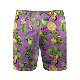 Мужские шорты спортивные с принтом фруктовый микс паттерн ,  |  | Тематика изображения на принте: лето | лимон | листья | микс | сад | фрукты