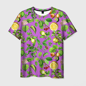 Мужская футболка 3D с принтом фруктовый микс паттерн в Курске, 100% полиэфир | прямой крой, круглый вырез горловины, длина до линии бедер | Тематика изображения на принте: лето | лимон | листья | микс | сад | фрукты