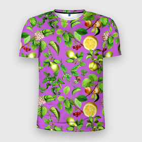 Мужская футболка 3D Slim с принтом фруктовый микс паттерн в Екатеринбурге, 100% полиэстер с улучшенными характеристиками | приталенный силуэт, круглая горловина, широкие плечи, сужается к линии бедра | лето | лимон | листья | микс | сад | фрукты