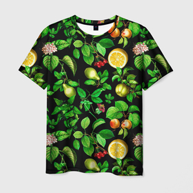 Мужская футболка 3D с принтом груши и лимоны , 100% полиэфир | прямой крой, круглый вырез горловины, длина до линии бедер | груши | зеленые листья | лето | лимоны | листья | фрукты