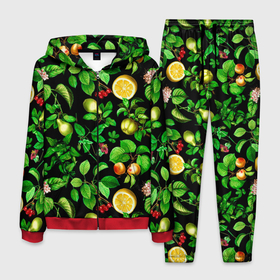 Мужской костюм 3D с принтом груши и лимоны в Тюмени, 100% полиэстер | Манжеты и пояс оформлены тканевой резинкой, двухслойный капюшон со шнурком для регулировки, карманы спереди | груши | зеленые листья | лето | лимоны | листья | фрукты