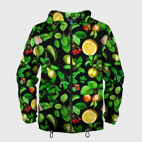 Мужская ветровка 3D с принтом груши и лимоны , 100% полиэстер | подол и капюшон оформлены резинкой с фиксаторами, два кармана без застежек по бокам, один потайной карман на груди | груши | зеленые листья | лето | лимоны | листья | фрукты
