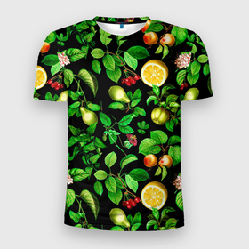 Мужская футболка 3D Slim с принтом груши и лимоны , 100% полиэстер с улучшенными характеристиками | приталенный силуэт, круглая горловина, широкие плечи, сужается к линии бедра | Тематика изображения на принте: груши | зеленые листья | лето | лимоны | листья | фрукты