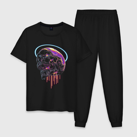 Мужская пижама хлопок с принтом Sky skull   Neon в Курске, 100% хлопок | брюки и футболка прямого кроя, без карманов, на брюках мягкая резинка на поясе и по низу штанин
 | Тематика изображения на принте: color | halo | neon | skull | неон | нимб | цвет | череп
