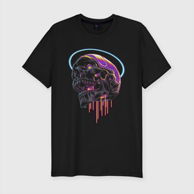 Мужская футболка хлопок Slim с принтом Sky skull   Neon в Курске, 92% хлопок, 8% лайкра | приталенный силуэт, круглый вырез ворота, длина до линии бедра, короткий рукав | Тематика изображения на принте: color | halo | neon | skull | неон | нимб | цвет | череп