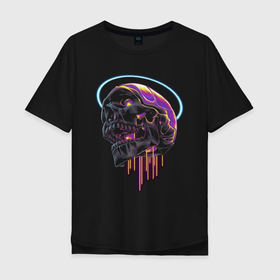 Мужская футболка хлопок Oversize с принтом Sky skull   Neon , 100% хлопок | свободный крой, круглый ворот, “спинка” длиннее передней части | color | halo | neon | skull | неон | нимб | цвет | череп