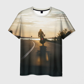 Мужская футболка 3D с принтом Мотоциклист, уезжающий в закат в Тюмени, 100% полиэфир | прямой крой, круглый вырез горловины, длина до линии бедер | байк | байкер | вечер | дорога | закат | мото | мотоцикл | ночь | скорость