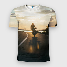 Мужская футболка 3D Slim с принтом Мотоциклист, уезжающий в закат в Екатеринбурге, 100% полиэстер с улучшенными характеристиками | приталенный силуэт, круглая горловина, широкие плечи, сужается к линии бедра | байк | байкер | вечер | дорога | закат | мото | мотоцикл | ночь | скорость