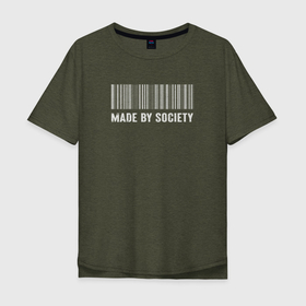 Мужская футболка хлопок Oversize с принтом MADE BY SOCIETY в Новосибирске, 100% хлопок | свободный крой, круглый ворот, “спинка” длиннее передней части | by | in | made | society | в | код | обществе | общестовм | сделано | созданный | штрих | штрих код | штриховый
