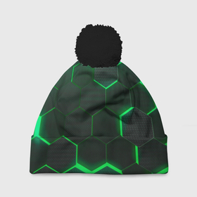 Шапка 3D c помпоном с принтом [Неоновые соты]   Green , 100% полиэстер | универсальный размер, печать по всей поверхности изделия | abstract | geometry | green | texture | абстракция | геометрия | зеленые соты | неоновые соты | соты | текстура