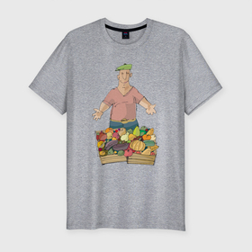 Мужская футболка хлопок Slim с принтом Славный торгаш в Кировске, 92% хлопок, 8% лайкра | приталенный силуэт, круглый вырез ворота, длина до линии бедра, короткий рукав | арт | иллюстрация | кепка | продавец | фрукты