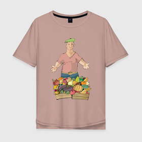 Мужская футболка хлопок Oversize с принтом Славный торгаш в Белгороде, 100% хлопок | свободный крой, круглый ворот, “спинка” длиннее передней части | арт | иллюстрация | кепка | продавец | фрукты