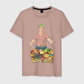 Мужская футболка хлопок с принтом Славный торгаш в Курске, 100% хлопок | прямой крой, круглый вырез горловины, длина до линии бедер, слегка спущенное плечо. | Тематика изображения на принте: арт | иллюстрация | кепка | продавец | фрукты