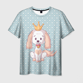 Мужская футболка 3D с принтом Милая собачка с короной на фоне сердечек в Тюмени, 100% полиэфир | прямой крой, круглый вырез горловины, длина до линии бедер | корона | пес | песик | собака | собачка | щенок
