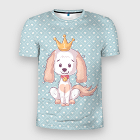 Мужская футболка 3D Slim с принтом Милая собачка с короной на фоне сердечек в Екатеринбурге, 100% полиэстер с улучшенными характеристиками | приталенный силуэт, круглая горловина, широкие плечи, сужается к линии бедра | корона | пес | песик | собака | собачка | щенок