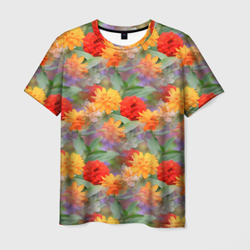 Мужская футболка 3D с принтом Желтые и красные садовые цветы в Белгороде, 100% полиэфир | прямой крой, круглый вырез горловины, длина до линии бедер | желтые цветы | красные цветы | сад | садовые цветы | цветочки | цветы