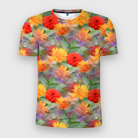 Мужская футболка 3D Slim с принтом Желтые и красные садовые цветы в Белгороде, 100% полиэстер с улучшенными характеристиками | приталенный силуэт, круглая горловина, широкие плечи, сужается к линии бедра | желтые цветы | красные цветы | сад | садовые цветы | цветочки | цветы