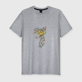 Мужская футболка хлопок Slim с принтом Крокус , 92% хлопок, 8% лайкра | приталенный силуэт, круглый вырез ворота, длина до линии бедра, короткий рукав | арт | велосипед | зеленый | иллюстрация | крокодил