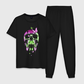 Мужская пижама хлопок с принтом Skull  Butterfly   Neon в Белгороде, 100% хлопок | брюки и футболка прямого кроя, без карманов, на брюках мягкая резинка на поясе и по низу штанин
 | butterfly | fashion | neon | skull | vanguard | авангард | бабочка | мода | неон | череп