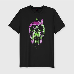 Мужская футболка хлопок Slim с принтом Skull  Butterfly   Neon в Екатеринбурге, 92% хлопок, 8% лайкра | приталенный силуэт, круглый вырез ворота, длина до линии бедра, короткий рукав | butterfly | fashion | neon | skull | vanguard | авангард | бабочка | мода | неон | череп