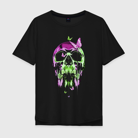 Мужская футболка хлопок Oversize с принтом Skull  Butterfly   Neon в Санкт-Петербурге, 100% хлопок | свободный крой, круглый ворот, “спинка” длиннее передней части | butterfly | fashion | neon | skull | vanguard | авангард | бабочка | мода | неон | череп