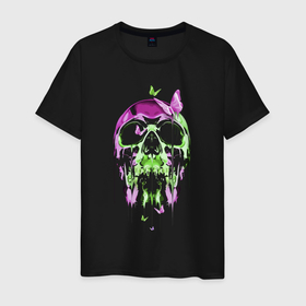 Мужская футболка хлопок с принтом Skull  Butterfly   Neon в Белгороде, 100% хлопок | прямой крой, круглый вырез горловины, длина до линии бедер, слегка спущенное плечо. | butterfly | fashion | neon | skull | vanguard | авангард | бабочка | мода | неон | череп