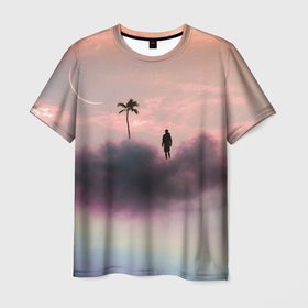 Мужская футболка 3D с принтом Человек в облаках в Курске, 100% полиэфир | прямой крой, круглый вырез горловины, длина до линии бедер | голубая | голубое | звезды | луна | на весну | на каждый день | на лето | небо | облака | облако | пальма | подарок | полумесяц | радуга | розовая | розовое | розовый | силуэт | фигура | человек