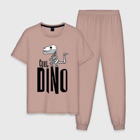 Мужская пижама хлопок с принтом Cool Dino в Белгороде, 100% хлопок | брюки и футболка прямого кроя, без карманов, на брюках мягкая резинка на поясе и по низу штанин
 | dinosaur | jaw | skeleton | teeth | динозавр | зубы | пасть | скелет