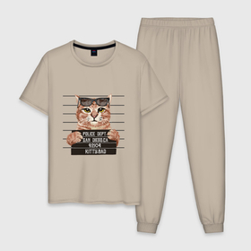 Мужская пижама хлопок с принтом Bad Cat кот плохиш в Кировске, 100% хлопок | брюки и футболка прямого кроя, без карманов, на брюках мягкая резинка на поясе и по низу штанин
 | Тематика изображения на принте: bad | cat | kitty | кот | кот в очках