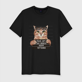 Мужская футболка хлопок Slim с принтом Bad Cat кот плохиш в Кировске, 92% хлопок, 8% лайкра | приталенный силуэт, круглый вырез ворота, длина до линии бедра, короткий рукав | Тематика изображения на принте: bad | cat | kitty | кот | кот в очках