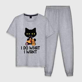 Мужская пижама хлопок с принтом Черный кот что хочу, то и делаю в Белгороде, 100% хлопок | брюки и футболка прямого кроя, без карманов, на брюках мягкая резинка на поясе и по низу штанин
 | black cat | kitty | кот | то и делаю | черный | что хочу