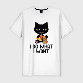 Мужская футболка хлопок Slim с принтом Черный кот что хочу, то и делаю , 92% хлопок, 8% лайкра | приталенный силуэт, круглый вырез ворота, длина до линии бедра, короткий рукав | Тематика изображения на принте: black cat | kitty | кот | то и делаю | черный | что хочу