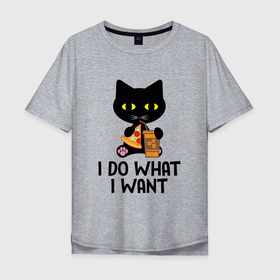 Мужская футболка хлопок Oversize с принтом Черный кот что хочу, то и делаю в Тюмени, 100% хлопок | свободный крой, круглый ворот, “спинка” длиннее передней части | black cat | kitty | кот | то и делаю | черный | что хочу