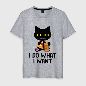 Мужская футболка хлопок с принтом Черный кот что хочу, то и делаю в Белгороде, 100% хлопок | прямой крой, круглый вырез горловины, длина до линии бедер, слегка спущенное плечо. | black cat | kitty | кот | то и делаю | черный | что хочу