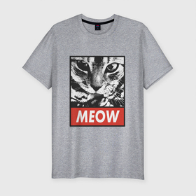 Мужская футболка хлопок Slim с принтом Cat Meow в Санкт-Петербурге, 92% хлопок, 8% лайкра | приталенный силуэт, круглый вырез ворота, длина до линии бедра, короткий рукав | Тематика изображения на принте: cat | kitty | meow | взгляд | кот | мяу