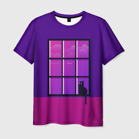 Мужская футболка 3D с принтом Кот сидит у окна в Тюмени, 100% полиэфир | прямой крой, круглый вырез горловины, длина до линии бедер | вид из окна | кот | котенок | кошка | малиновая | малиновое | малиновый | на весну | на каждый день | на лето | небо | облака | окно | самолет | сиреневая | сиреневое | сиреневый | фиолетовая