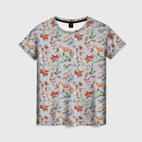 Женская футболка 3D с принтом Лисы и лесные ягоды в Тюмени, 100% полиэфир ( синтетическое хлопкоподобное полотно) | прямой крой, круглый вырез горловины, длина до линии бедер | лес | лесная ягода | лис | лиса | листья | лисы