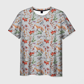 Мужская футболка 3D с принтом Лисы и лесные ягоды в Белгороде, 100% полиэфир | прямой крой, круглый вырез горловины, длина до линии бедер | лес | лесная ягода | лис | лиса | листья | лисы