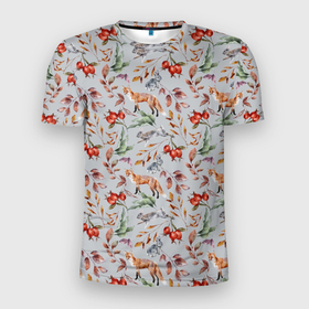 Мужская футболка 3D Slim с принтом Лисы и лесные ягоды в Санкт-Петербурге, 100% полиэстер с улучшенными характеристиками | приталенный силуэт, круглая горловина, широкие плечи, сужается к линии бедра | Тематика изображения на принте: лес | лесная ягода | лис | лиса | листья | лисы