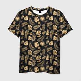 Мужская футболка 3D с принтом Золотые листья паттерн  и текстуры в Петрозаводске, 100% полиэфир | прямой крой, круглый вырез горловины, длина до линии бедер | золоты | золотые листья | листья | осень | паттерн