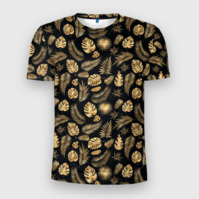 Мужская футболка 3D Slim с принтом Золотые листья паттерн  и текстуры в Екатеринбурге, 100% полиэстер с улучшенными характеристиками | приталенный силуэт, круглая горловина, широкие плечи, сужается к линии бедра | Тематика изображения на принте: золоты | золотые листья | листья | осень | паттерн