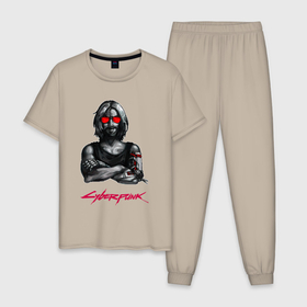 Мужская пижама хлопок с принтом Джонни в красных очках Cyberpunk 2077 в Екатеринбурге, 100% хлопок | брюки и футболка прямого кроя, без карманов, на брюках мягкая резинка на поясе и по низу штанин
 | 2077 | cyberpunk | cyberpunk 2077 | judy | night city | vi | ви | джуди | жуди | кибер | киберпанк | найтсити | панк