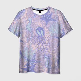 Мужская футболка 3D с принтом Морские коньки и медузы в Курске, 100% полиэфир | прямой крой, круглый вырез горловины, длина до линии бедер | коралл | медуза | море | морская звезда | морской | морской конек | на дне | океан | под водой | подводный | розовый | сиреневый