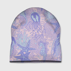 Шапка 3D с принтом Морские коньки и медузы в Кировске, 100% полиэстер | универсальный размер, печать по всей поверхности изделия | Тематика изображения на принте: коралл | медуза | море | морская звезда | морской | морской конек | на дне | океан | под водой | подводный | розовый | сиреневый