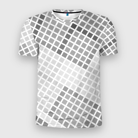 Мужская футболка 3D Slim с принтом Серая клетка в Новосибирске, 100% полиэстер с улучшенными характеристиками | приталенный силуэт, круглая горловина, широкие плечи, сужается к линии бедра | квадрат | клетка | клеточка | наложение | оттенки серого | под углом | ячейка