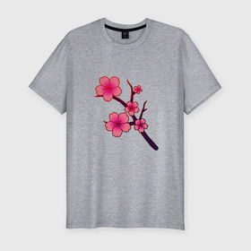 Мужская футболка хлопок Slim с принтом Священная сакура в Белгороде, 92% хлопок, 8% лайкра | приталенный силуэт, круглый вырез ворота, длина до линии бедра, короткий рукав | бутон | ветка | лепестки | растение | розовая | сакура | самурай | священная | цветок | цветущая | цветы | япония