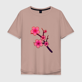 Мужская футболка хлопок Oversize с принтом Священная сакура в Новосибирске, 100% хлопок | свободный крой, круглый ворот, “спинка” длиннее передней части | бутон | ветка | лепестки | растение | розовая | сакура | самурай | священная | цветок | цветущая | цветы | япония
